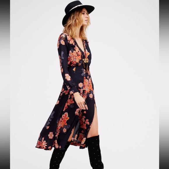 Free People - Miranda Long Sleeve Floral Midi Dress - Size 4 - Picture 1 of 7